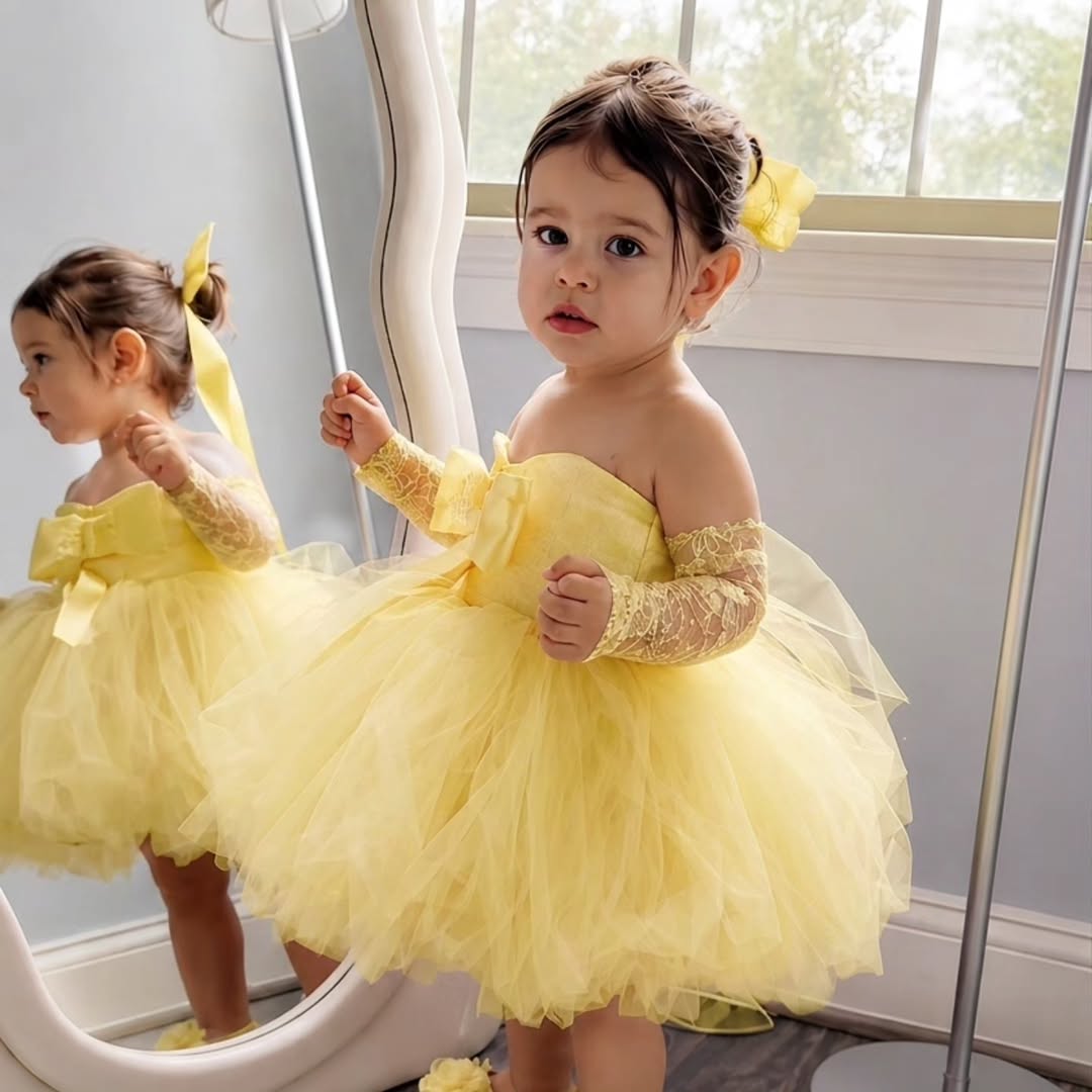 Embroidery Yellow Dress - Prinses gele bloemenmeisjesjurk voor bruiloft Off-shoulder