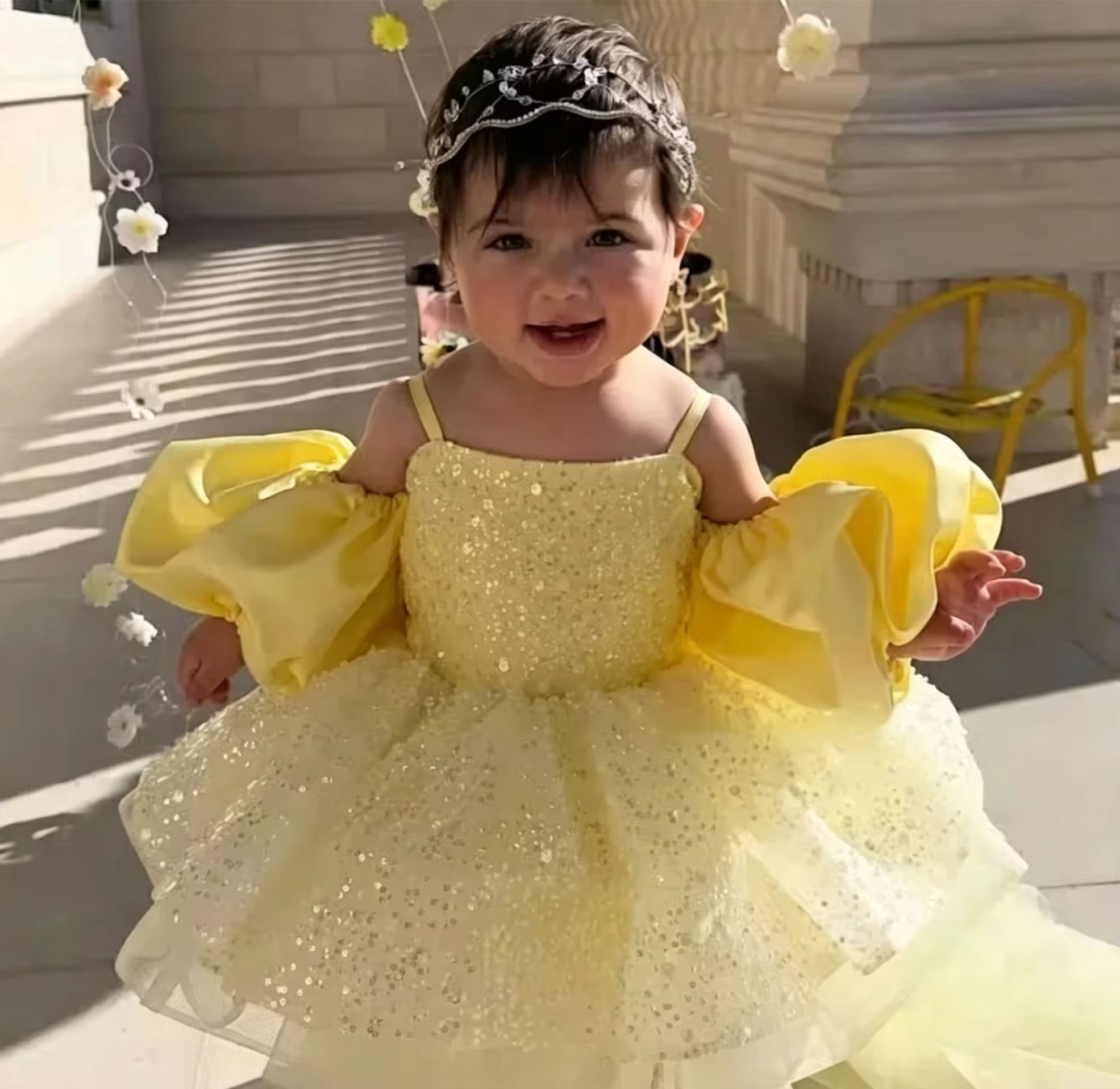 Embroidery Yellow Dress - Leuke gele bloemenmeisjesjurken voor bruiloft met