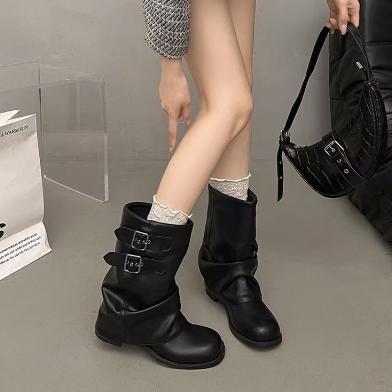 Embroidery Garments - Dames zwarte slouchy mid-calf laarzen met