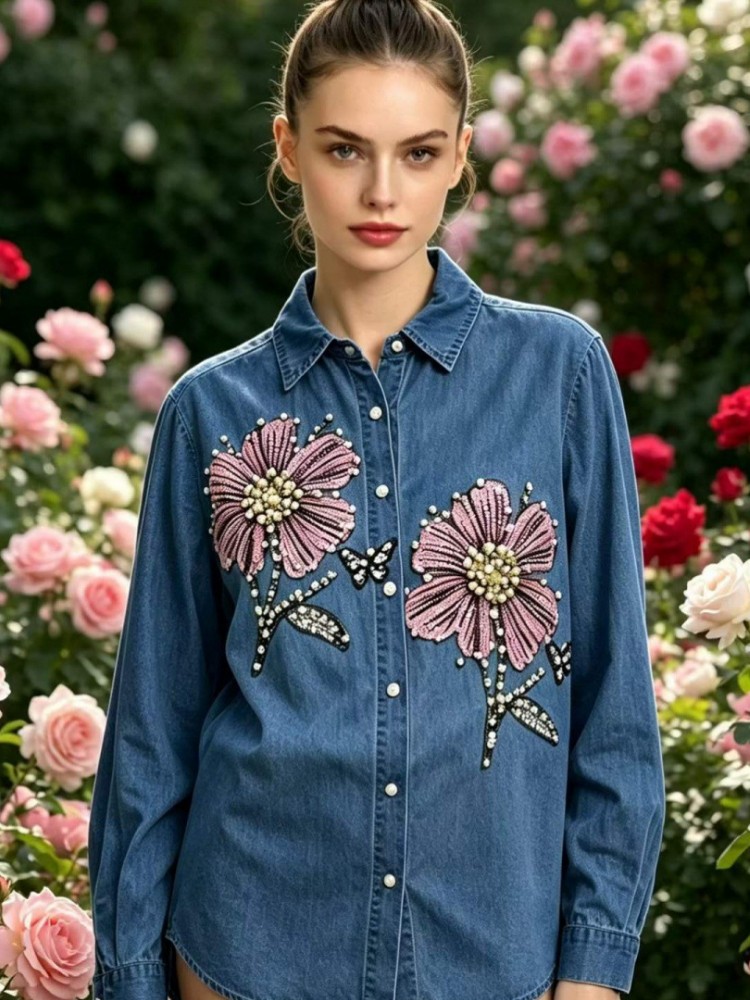 Embroidery Cotton Shirt - Dames Denim Borduurwerk Blouses Lente Herfst