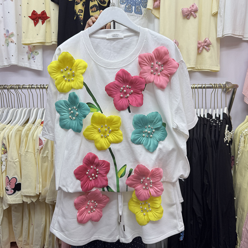 Embroidery Cotton Shirt - Zomer Kleurrijke 3D Bloemen T-shirt Parels